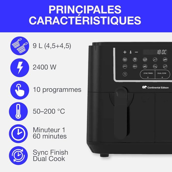 Airfryer Friteuse a Air Sans huile CONTINENTAL EDISON - CERFRSH24002CB - 9 L - Double bacs - 2400W - Noir