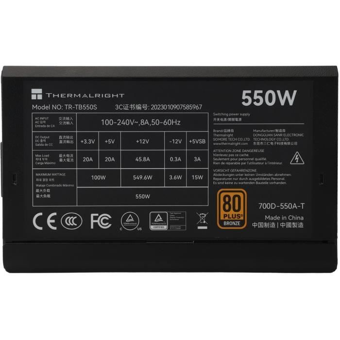 Alimentation PC - THERMALRIGHT - TB550S - 550W - 80+ Bronze - Non modulaire - ATX 3.0 - Noir